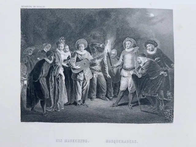 A. Watteau Une Robe Masqueraders 1872 Gravure Sur Acier Antiquarius...