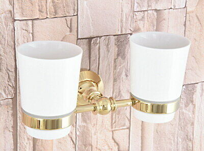 Gold Color Brass Bathroom Wall Mounted 2 Ceramic Cups Toothbrush Holder 2ba315