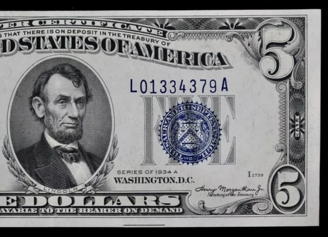 Tough L-A block $5 1934A AU blue seal Silver Certificate L01334379A series A