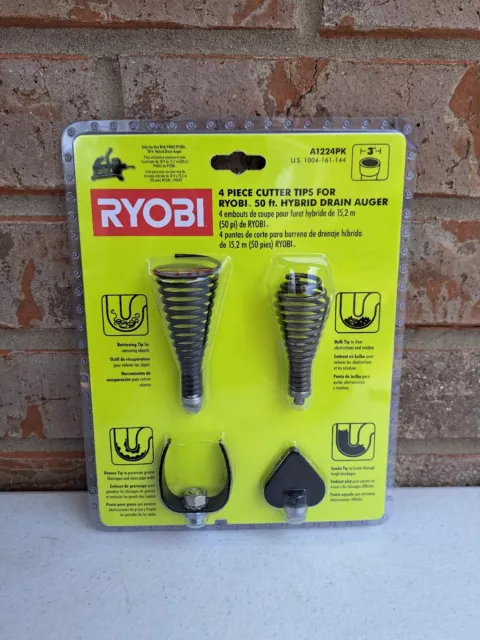 4 Piece Cutter Tips Ryobi Drain Auger P4003 Retrieving, Bulb, Grease, Spade