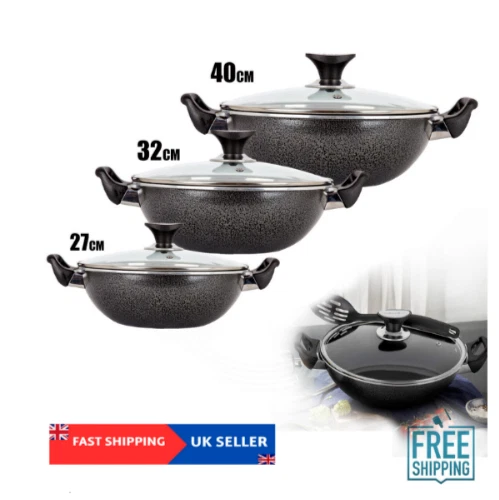 Antihaftbeschichtet Doppelgriff Wok Glasdeckel Tiefkochen Rühren Bratpfanne 27cm - 40cm