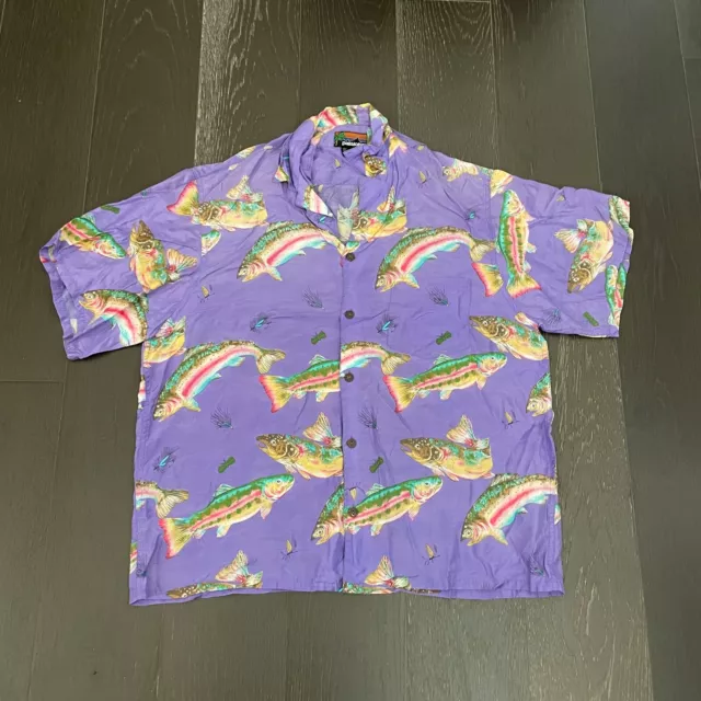 Vintage Pataloha Shirt Mens Large Trout Fish Button Up Hawaiian Purple Rayon