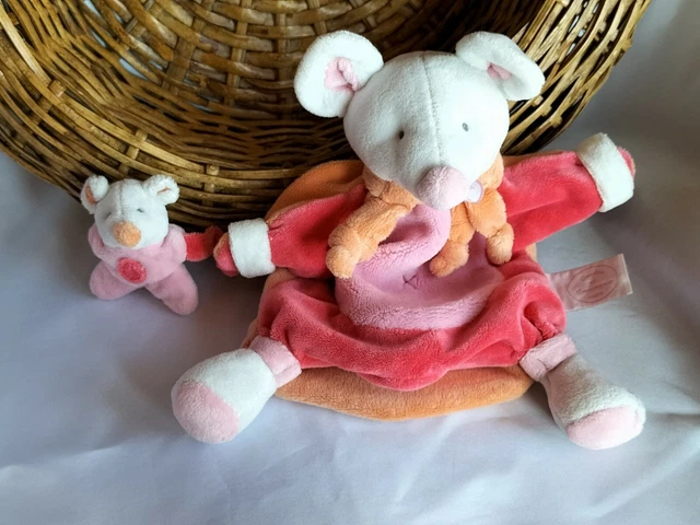 ⭐⭐⭐Doudou et Compagnie Souris Doudou Marionnette +bébé rose orange et blanc