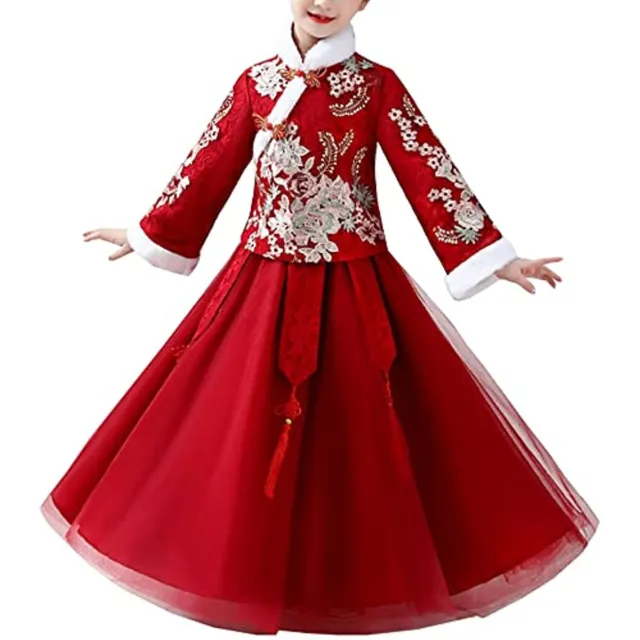Girls Hanfu Dress Embroidered Winter Warm Traditional Chinese New Year Tang Suit
