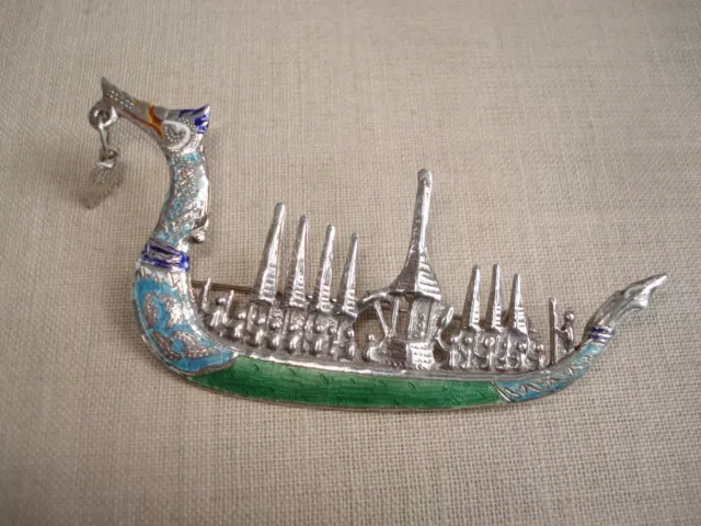 Broche en Argent Émaillé  Bateau Asie - Siam Sterling