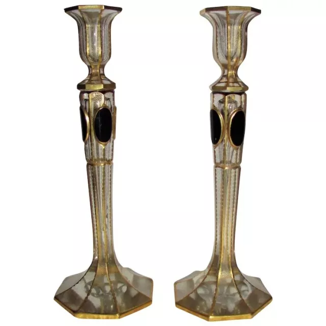 Pair Antique Moser Glass Ruby Cabochon Candlesticks Circa 1920's