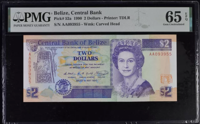 Belize 2 Dollar 1990 P 52 a Gem UNC PMG 65 EPQ