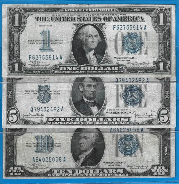 1934 $1 SC FB/1934D $5 SC/1934 $10 SC Mule,3)Notes,Blue Seal,Circ F/VF,Nice!