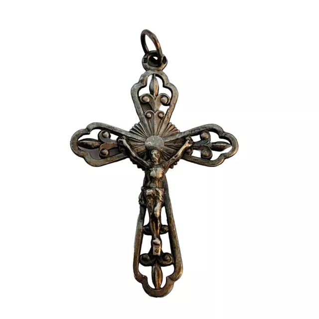 05K4 ANCIEN PENDENTIF CROIX ARGENT MASSIF 925 POINÇON SANGLIER BIJOU DEBUT XXe