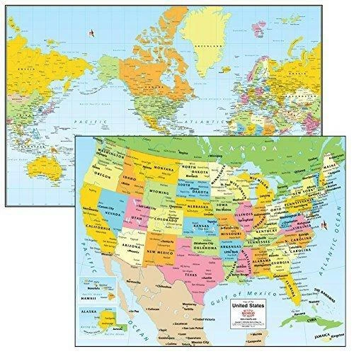 Colorful Political Mercator Projection World & USA Laminated Desk Map Set
