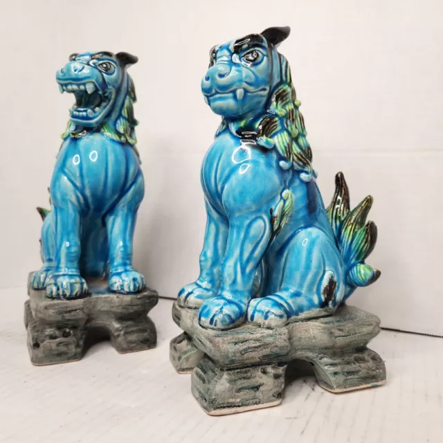 Antique Foo Dog Statue Blue Porcelain Chinese Fu Lion Pair Guardian 10"