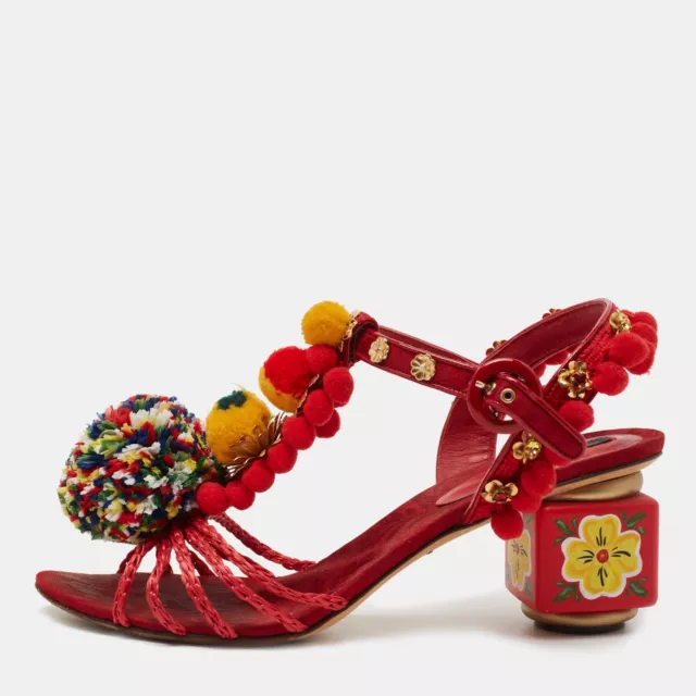 Dolce & Gabbana Multicolor Leather and Fabric Pom Pom Embellished Sandals
