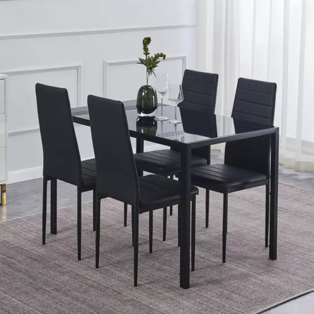 4x Black Faux Leather Dining Chairs with Black Tempered Glass Dining Table Set