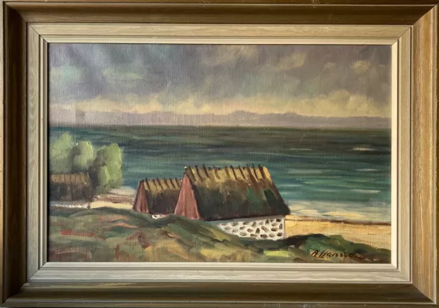 Pintura Al Óleo Impresionista Casas Am Playa de Mar Suecia Escandinavia Hansson