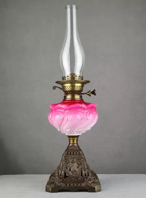 Victorian FS & Cº Cranberry Glass Font Kerosene Paraffin Duplex Oil Lamp Veritas