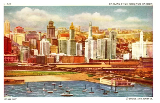 postcard Skyline from Chicago Harbor Chicago Aerial Survey Co. Max Ricot 4202