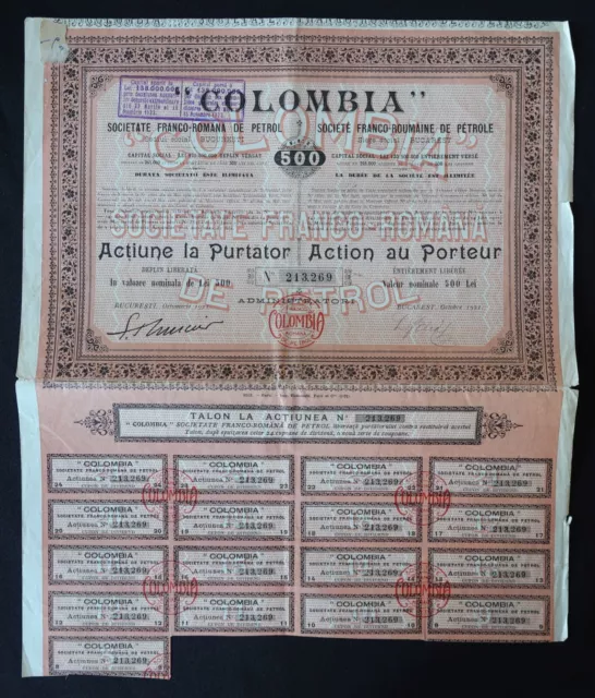 Action 1921 COLOMBIA SOCIETE FRANCO-ROUMAINE DE PETROLE titre bond share 6