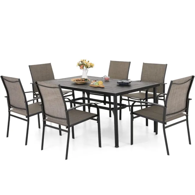PHI VILLA 7-PCS Outdoor Patio Dining Set Metal Table with Umbrella Hole 6 Chairs
