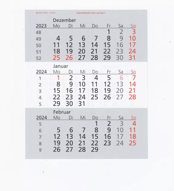 Kalenderblätter 3-Monats-Kalender für 2024 Einsteckkalender Ersatzkalendarium