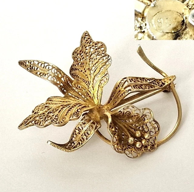 Grande Broche Orchidée émail Cloisonné – Vintage Or Et Bleu (bijou)