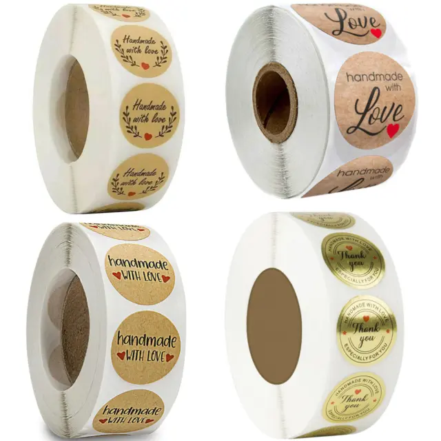Pegatinas hechas a mano con amor para tu compra etiquetas comerciales corazón redondo 25 mm