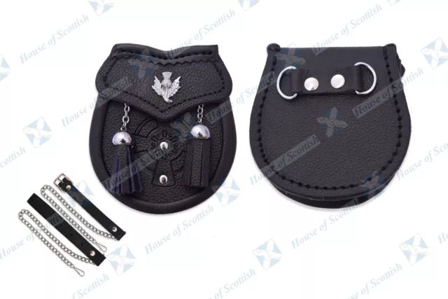 Scottish Child Boy Semi Dress Black Chrome Leather Sporran  Two Capped Tassel
