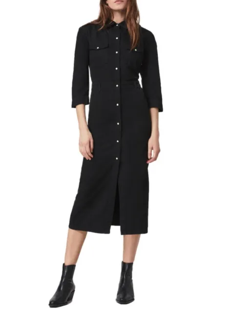 All Saints Polly Denim Midi Dress Black UK 12 Shirt Silhouette Perl Snap Buttons