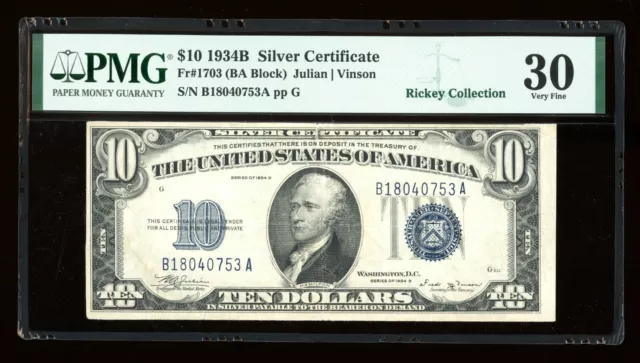 DBR 1934-B $10 Silver Vinson Fr. 1703 PMG 30 Serial B18040753A