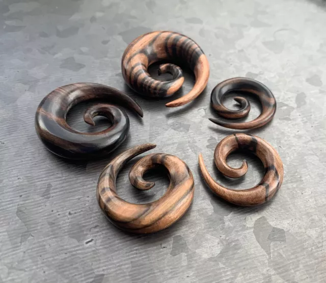 PAIR Ebony Wood Spiral Tapers Organic Plugs Tunnels Earlets Gauges
