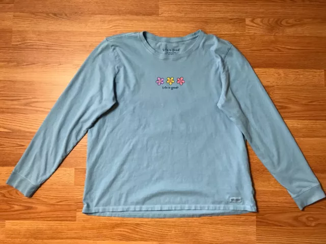 Life Is Good Shirt Womens XXL Light Blue 100% Cotton Flower Long Sleeve