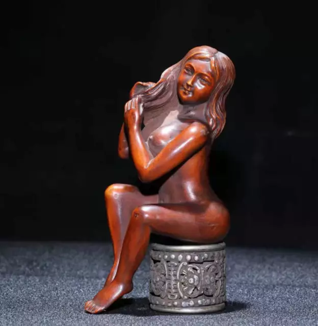 Chinese Natural Boxwood Hand carved Exquisite Beautiful Woman Statues 7919