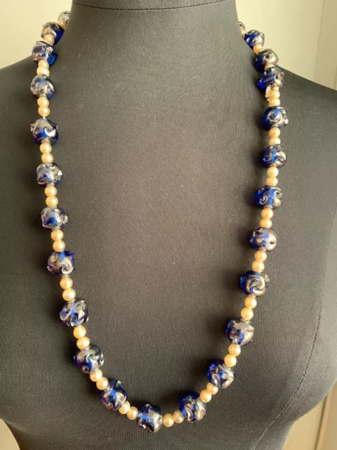 Gorgeous Italian Murano Necklace - Blue glass beads Wave design, Pearls. 28"