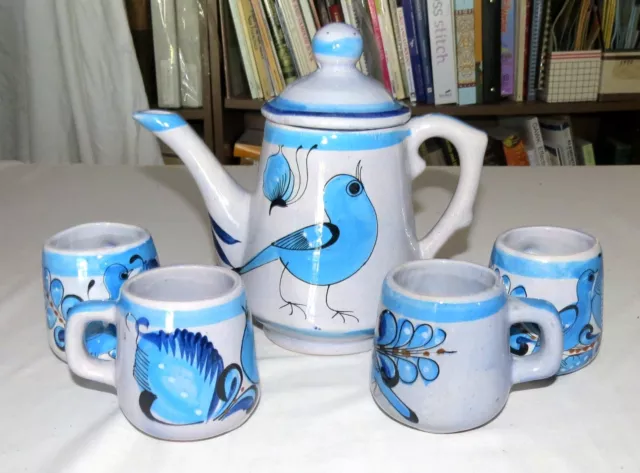 Mexico Pottery Théière Et Quatre Tasses - Bleu Oiseaux