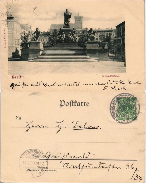 Berlin Lutherdenkmal Partie Luther-Denkmal 1900   GREIFSWALD (Ankunftsstempel)