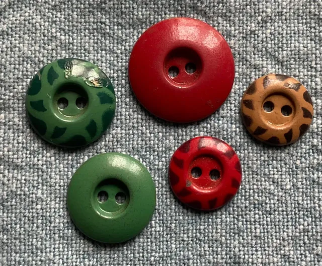 5 Vintage Metal Solid and Stencil Buttons - Red Green Tan - Old Lot