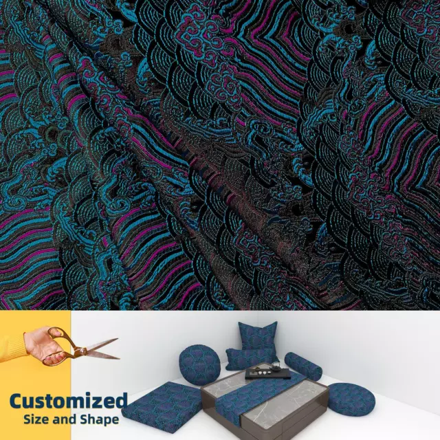 Bd116*Fabric/Cushion Cover/Runner*Dk Blue Cloud Peacock Faux Silk Kimono Brocade
