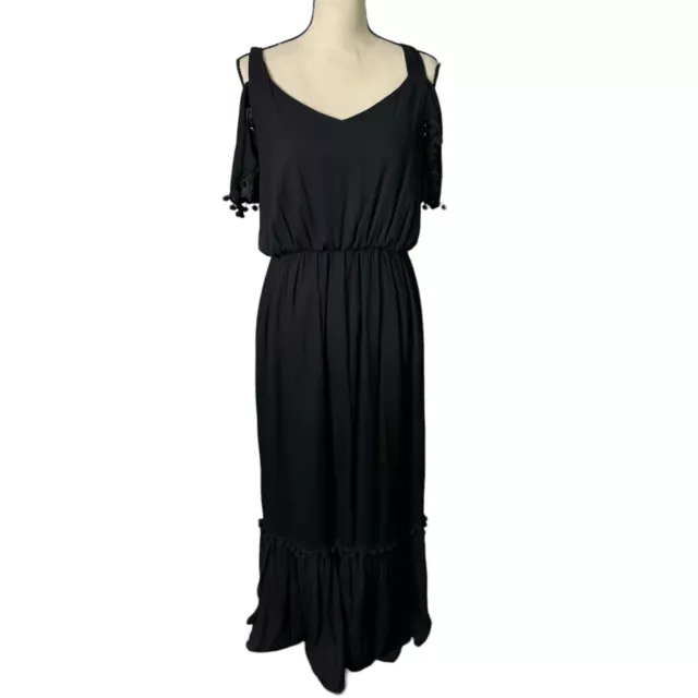 Gibson Latimer Dress Womens Large Black Cold Shoulder Maxi Pom Pom Tiered NEW