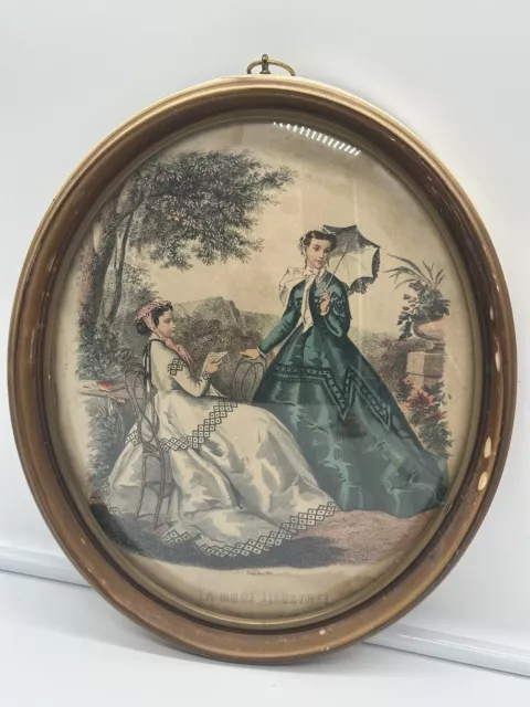 Antique Bubble Glass Frame With Victorian Ladies Art Print 12 x 9.75 See Details