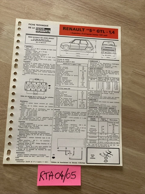 Revue Technique Automobile (RTA) Renault 5 TL/GTL 1100cc – Occasion En Très Bon état