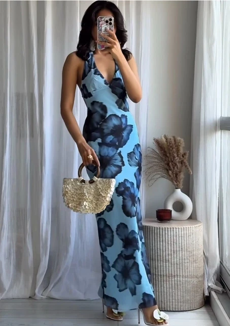 ZARA LONG MAXI Floral Printed Halter Neck Dress Blues XS S M L XL 3324/309  New 49.95 - PicClick UK