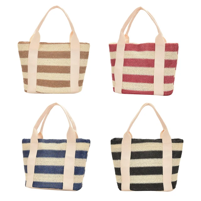 Straw Striped Women Handbags Casual Wicker Woven Handmade Shoulder Bags Summer F