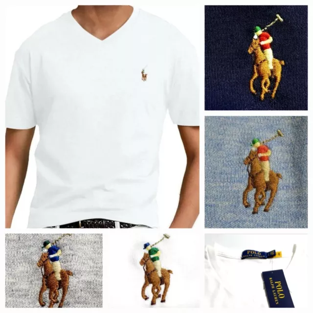 Polo Ralph Lauren Men V Neck T-Shirt Soft Cotton Custom Slim Fit Colorblock Pony