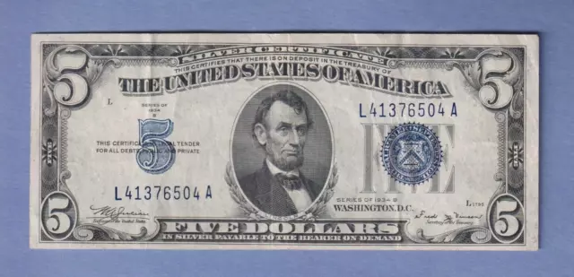 1934B Five Dollar Silver Certificate Blue Seal Note Old US $5 Bill
