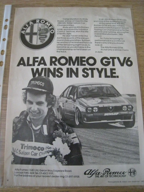 ALFA ROMEO GTV6 Andy Rouse Winner Saloon Car 1983 Advert Approx Size A4 ...