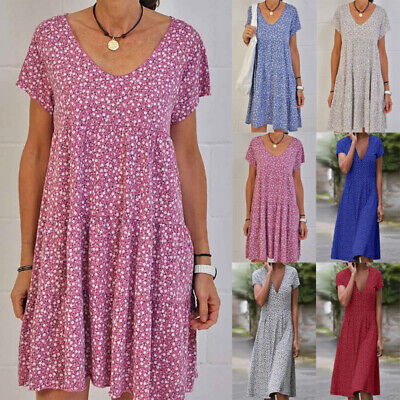 Plus Size Womens Summer Floral Short Sleeve Mini Dress Ladies Beach Casual Dress
