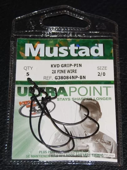 Mustad G38084NPBN-30 KVD GRIP PIN 2X FINE Hooks Size 3/0 G38084NP-BN Pack  of 5