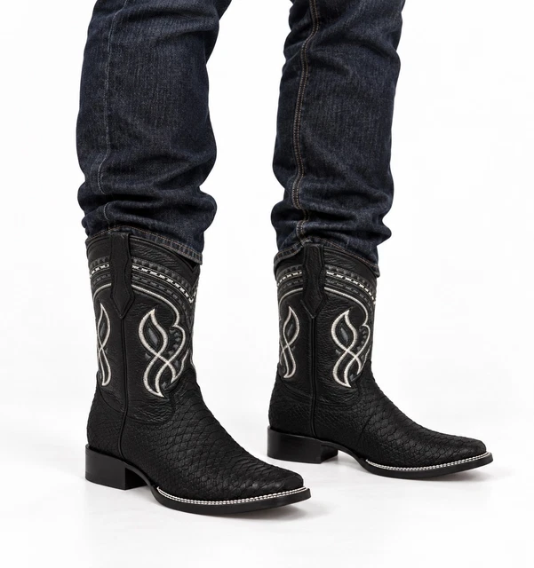 MEN’S GENUINE COWHIDE Black Python-Print Rodeo-Toe Western Cowboy Boots ...