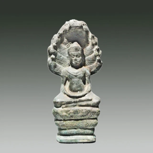 Khmer Antique Angkor Wat Period Bronze Naga Buddha Statue 12th Century