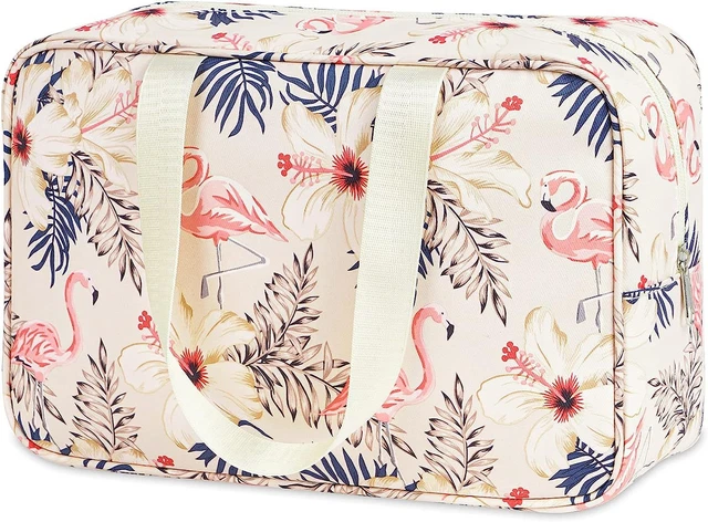 Full Size Toiletry Bag Women Large Cosmetic Travel Large, Beige Flamingo