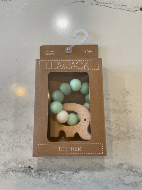 Lila & Jack Teether w/ Wooden Elephant 3 Months + Silicone & Wood BPA Free